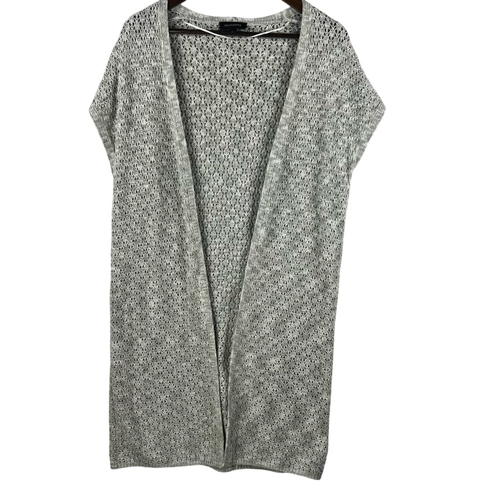 Calligraphie Womens Open Front Crochet Cardigan Sage Green Short Sleeve Size L